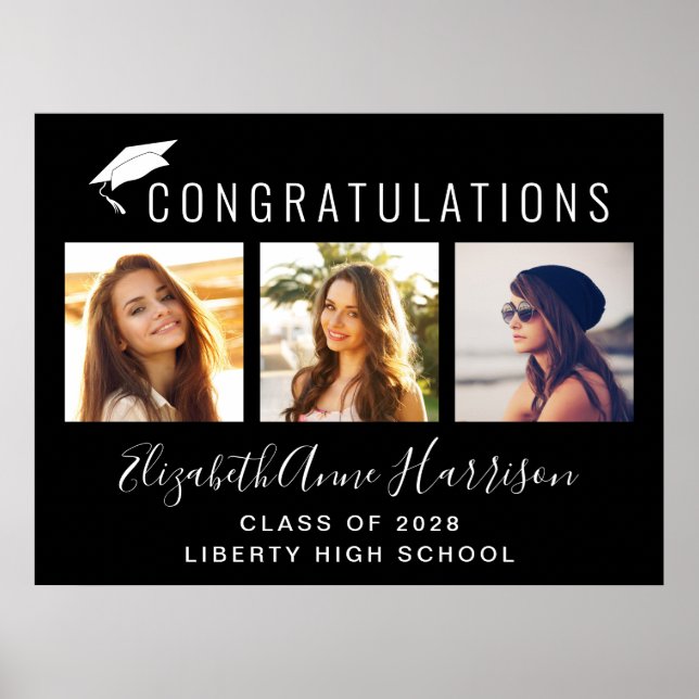Póster Felicidades Fiesta de Graduación Foto Negra (Frente)