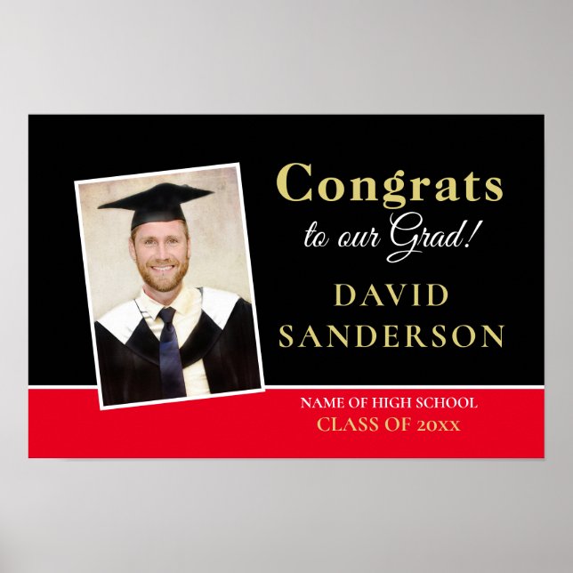 Póster Felicidades Graduado Foto Nombre Dorado Blanco Neg (Frente)