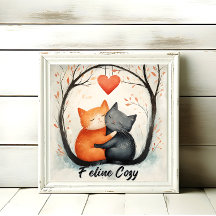 Feline Cosy Snuggly Cat Love Art Poster Wall Art