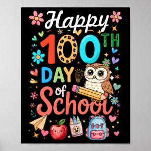 Póster Feliz 100.º Día De La Escuela Búhos Coloridos Estu