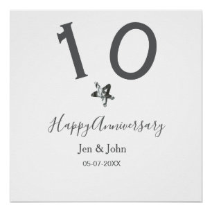 Póster Feliz 10 aniversario fecha estrella metalizado gri