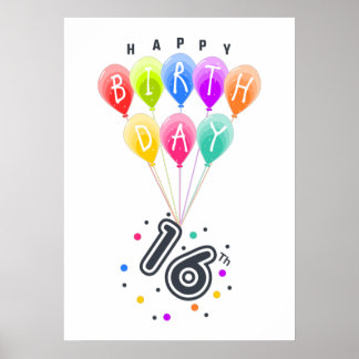 Póster Feliz 16° cumpleaños con globos coloridos