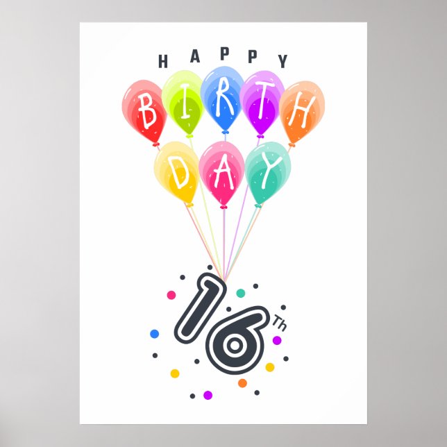 Póster Feliz 16° cumpleaños con globos coloridos (Frente)