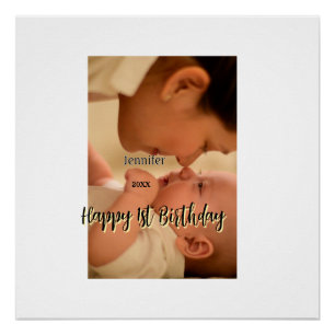 Póster Feliz 1er cumpleaños niños bebé madre negro amaril