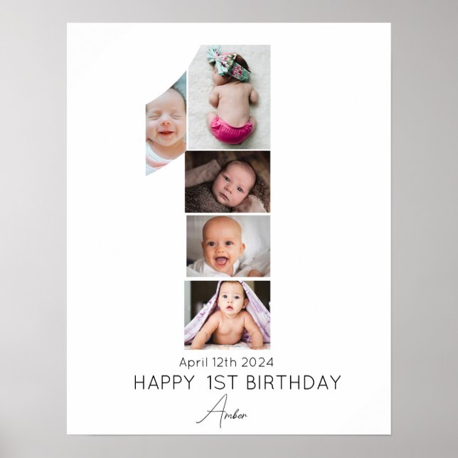 Póster Feliz 1er cumpleaños plantilla de Collage de fotos (Frente)
