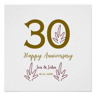 Póster Feliz 30º aniversario nombre fecha hoja dorada roj