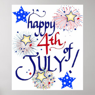 Póster ¡Feliz 4 de julio! con fuegos artificiales y estre
