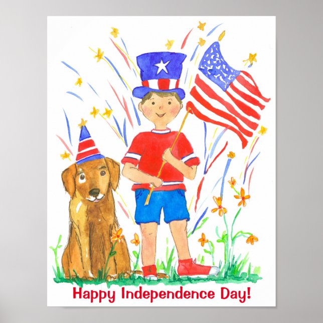 Póster Feliz 4 De Julio Hound Dog Bandera Estadounidense (Frente)