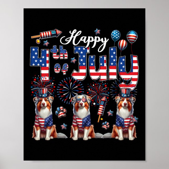 Póster Feliz 4 de julio Tres adorables pastores australia (Frente)