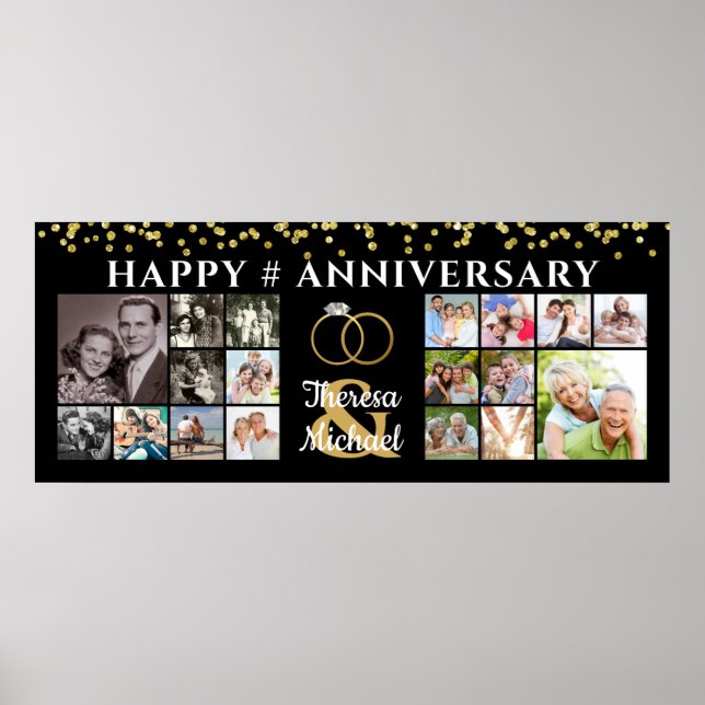 Póster Feliz aniversario 18 Collage de fotos Oro Negro (Frente)