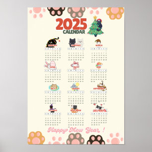 Póster Feliz año Mew 2025 calendario mural para amantes d