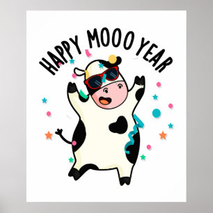 Póster Feliz Año Moo Divertido Cow Pun