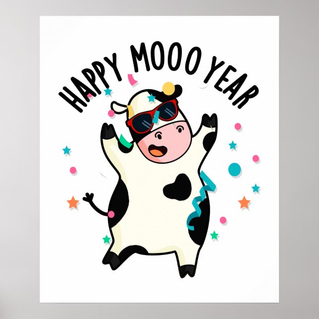 Póster Feliz Año Moo Divertido Cow Pun (Frente)