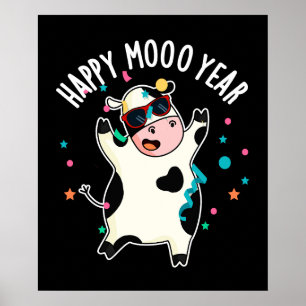 Póster Feliz Año Moo Gracioso Cow Pun Dark BG