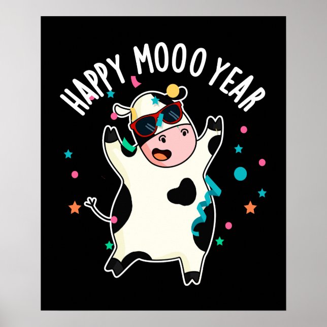 Póster Feliz Año Moo Gracioso Cow Pun Dark BG (Frente)
