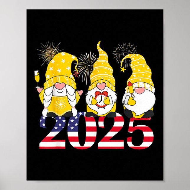 Póster Feliz Año Nuevo 2025 Fiesta Gnomes Fireworks Hel (Frente)