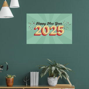 Póster Feliz año nuevo 2025 retro diseño de tipografía 3d