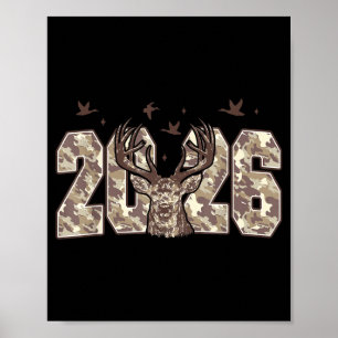 Póster Feliz Año Nuevo 2026 Camuflaje Caza de Ciervos Cam