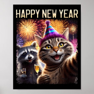 Póster Feliz Año Nuevo 2026 Celebración de gato adorable