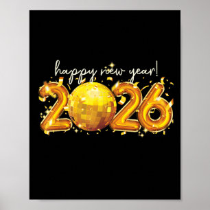 Póster Feliz Año Nuevo 2026, celebración de las bolas ret