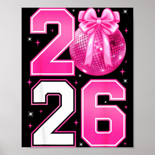 Póster Feliz Año Nuevo 2026 Coquette Bow & Bola de Disco (Frente)