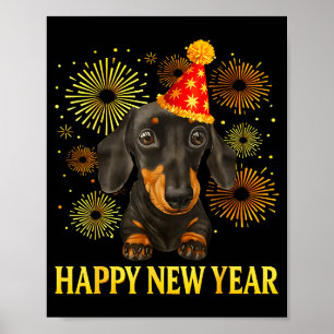 Póster Feliz Año Nuevo 2026 Dachshund Fuegos Artificiales