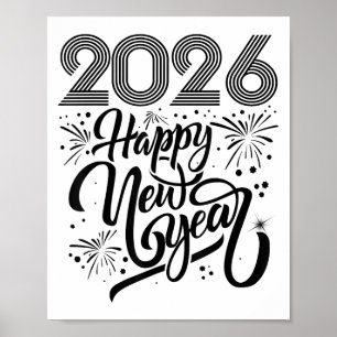Póster Feliz Año Nuevo 2026, fuegos artificiales