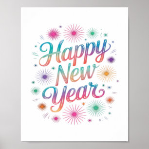 Póster Feliz Año Nuevo 2026 Fuegos Artificiales Esenciale