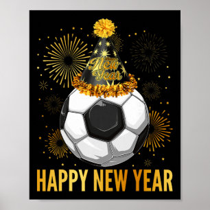 Póster Feliz Año Nuevo 2026 Sombrero de Fiesta de Fútbol