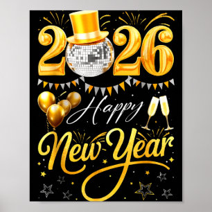 Póster Feliz Año Nuevo 2026 Sombrero Dorado Bola de Disco