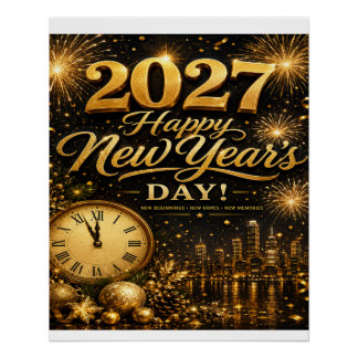 Póster Feliz Año Nuevo 2027 | Fuegos Artificiales de Oro