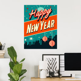 Póster Feliz Año Nuevo a mediados del siglo XX Estilo mod