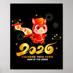 Póster Feliz Año Nuevo Chino Del Caballo Dibujos Animados