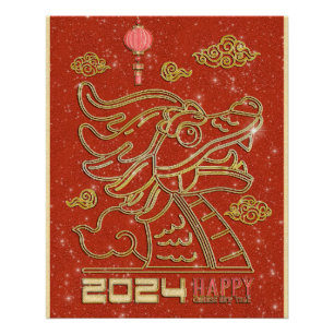Póster Feliz Año Nuevo Chino Rojo Dorado del Dragón 2024