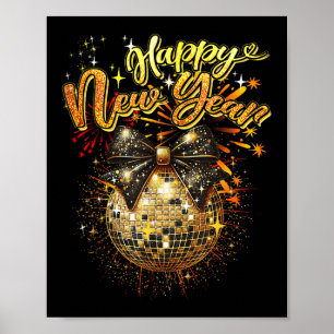 Póster Feliz Año Nuevo Coquette Bow Disco Nochevieja