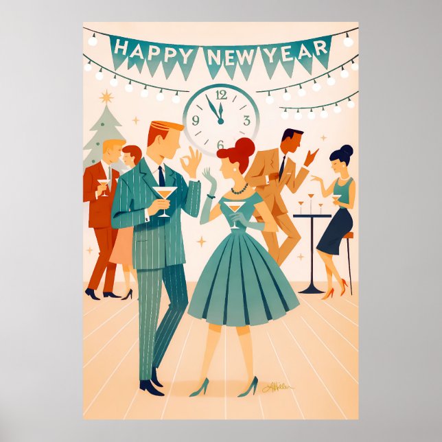 Póster Feliz Año Nuevo de Baile Martini de Mitad de Siglo (Frente)