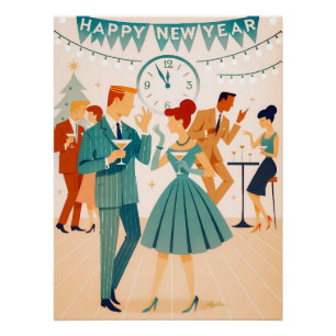Póster Feliz Año Nuevo de mediados de siglo La Danza del