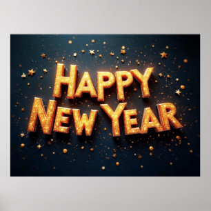 Póster Feliz Año Nuevo, elegante negro y dorado,