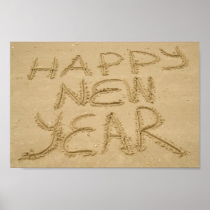 Póster Feliz Año Nuevo en arena