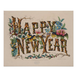 Póster Feliz Año Nuevo, Estampa Vintage Currier & Ives