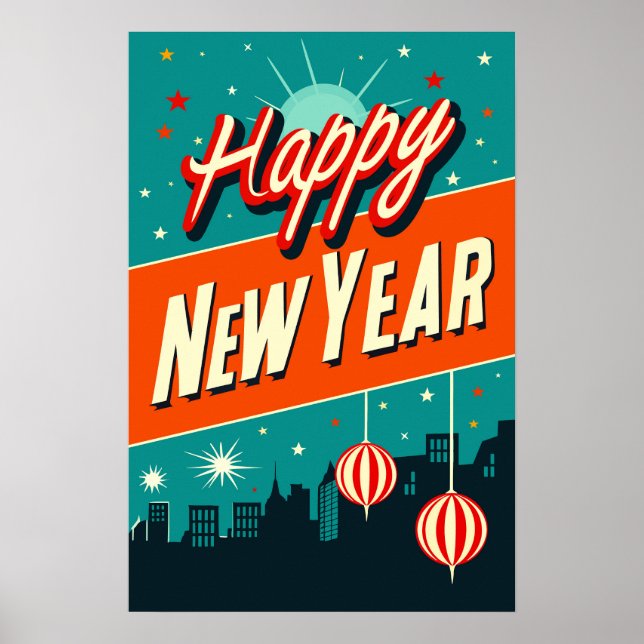 Póster Feliz Año Nuevo Estilo Moderno De Mediados Del Sig (Frente)