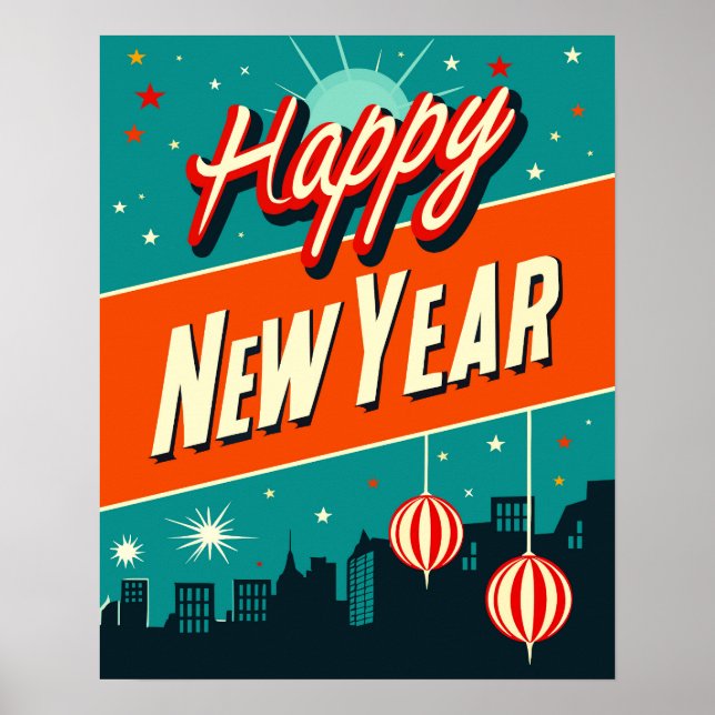 Póster Feliz Año Nuevo Estilo Moderno De Mediados Del Sig (Frente)