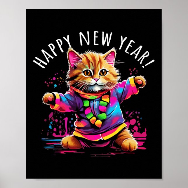 Póster Feliz Año Nuevo Fiesta bailando diseño de gato (Frente)