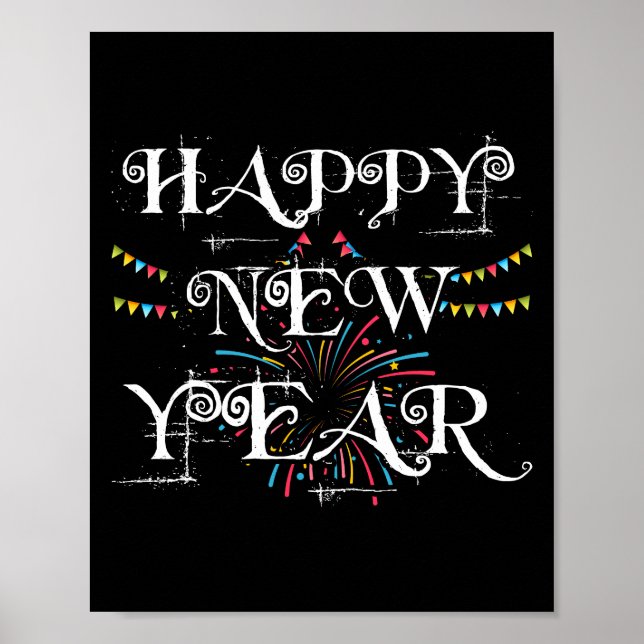Póster Feliz Año Nuevo Fiesta Fuegos artificiales Confett (Frente)