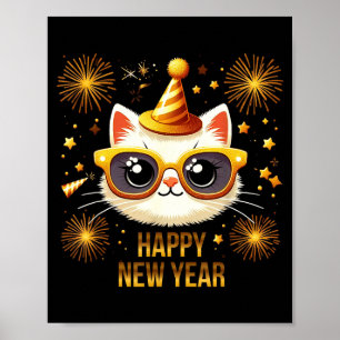 Póster Feliz Año Nuevo Gatos Fuegos Artificiales Fiesta d