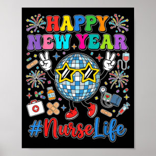 Póster Feliz Año Nuevo Groovy 2026 Enfermera Vida Bola de