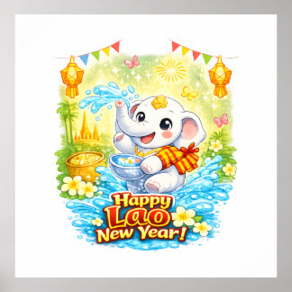 Póster Feliz Año Nuevo Lao – Elefante Blanco Adorable Pi 