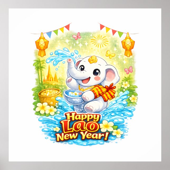 Póster Feliz Año Nuevo Lao – Elefante Blanco Adorable Pi  (Frente)