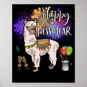 Póster Feliz Año Nuevo Llama El Fuego Alpaca