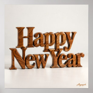 Póster Feliz Año Nuevo Madera Tallada